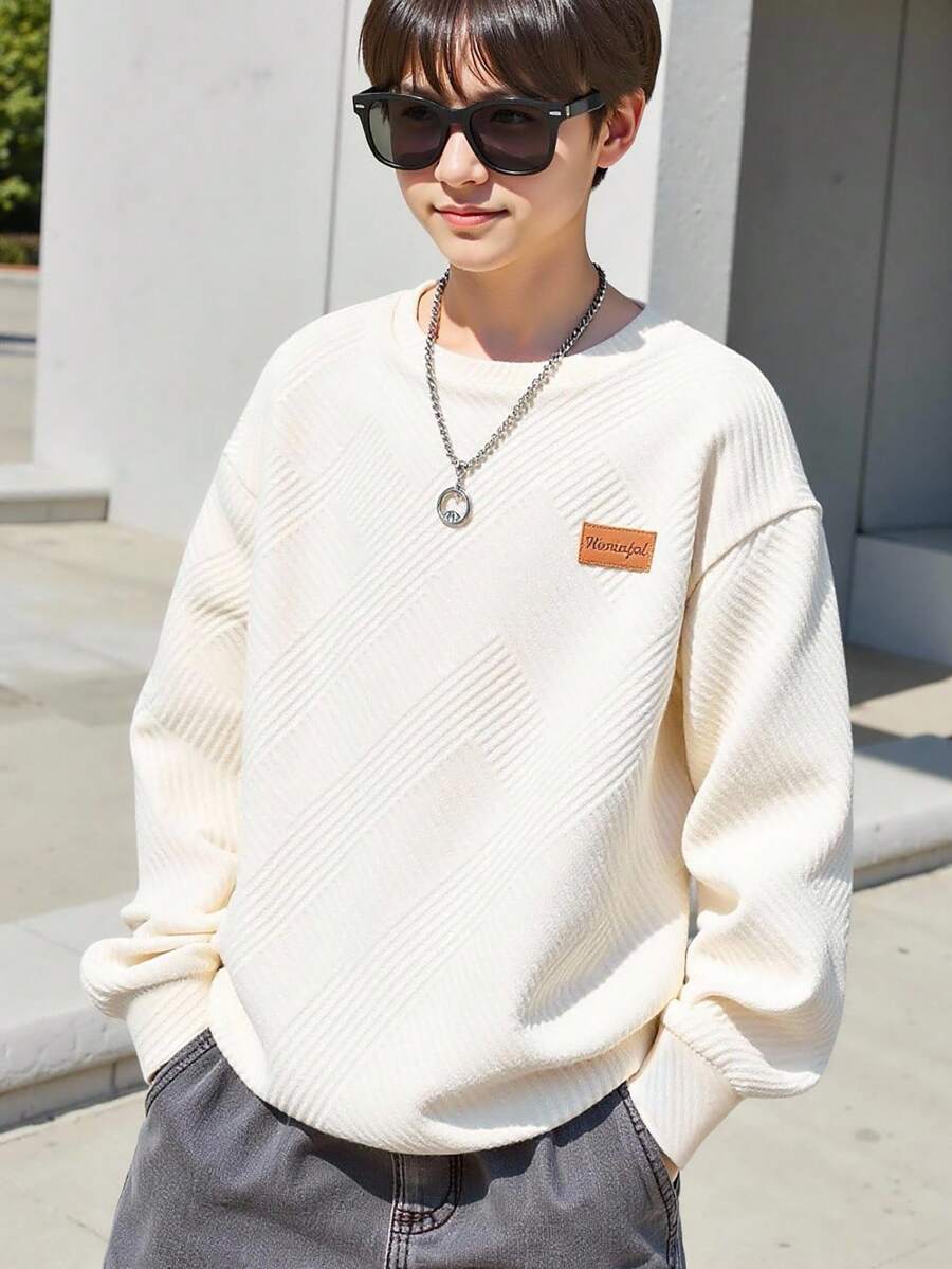SHEIN Leap Crew 男孩休閒韓系簡約寬鬆紋理布料拼接舒適日常針織長袖衛衣,適合秋冬 - 白色 - 查看 1