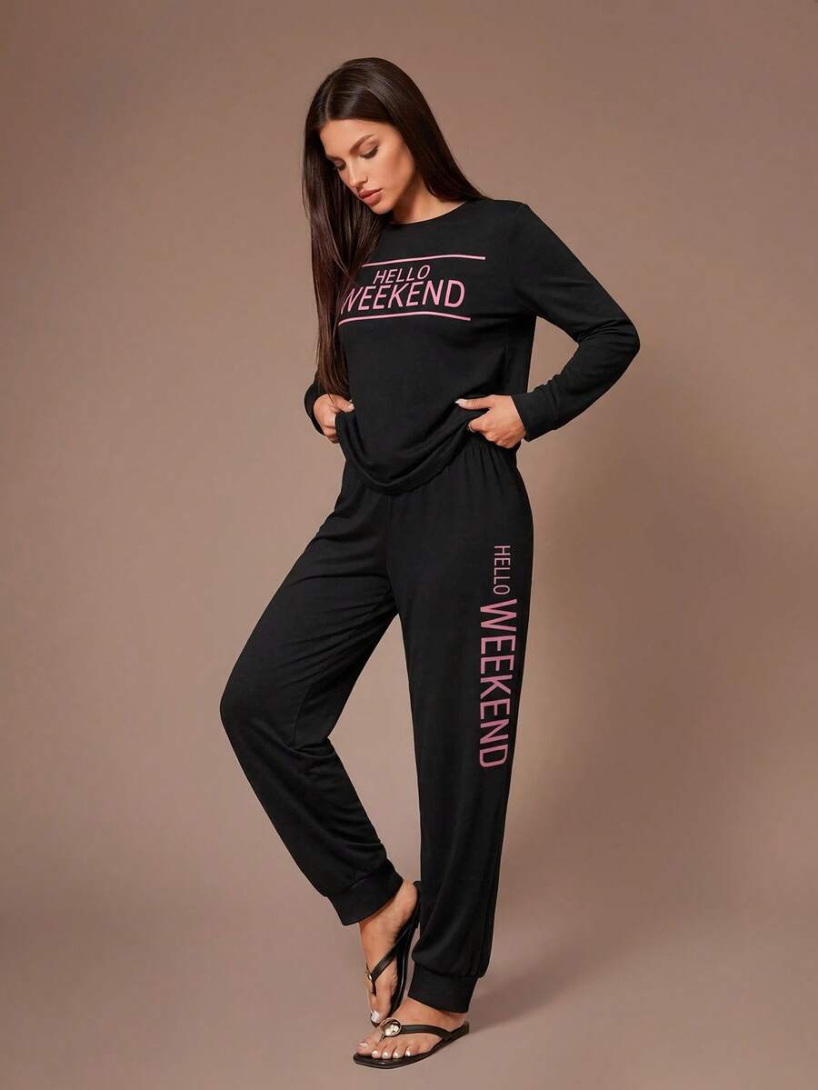 Lazeform Ladies' Long Sleeve Pajama Set With Letter Pattern, Fall Winter Clothes Cozy And Elegant Details - Black - View 1
