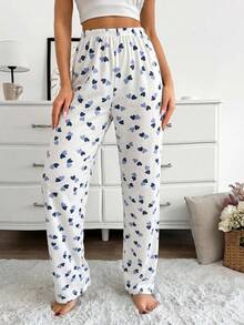 SHEIN Cottnline Cotton Line Women Heart Print High Waist Comfy Pants 2 Pcs Sleep Bottom Set – Multicolor, Heart - Multicolor - View 4