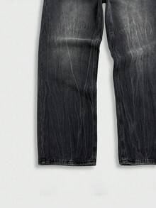 Manfinity Hypemode Celana Jeans Denim Pria American Vintage Washed Black Premium Serbaguna dengan Potongan Longgar - Hitam - View 5