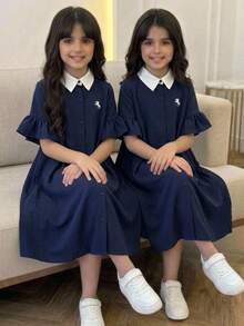 KidsTween Girl Casual Academy 7-Point Ruched Flare Long Sleeve Contrast Collar Small Logo Horse Embroidery A-Line Dress Navy Blue Deep Royal Blue Back To School Fashion Commute Street Style - Navy Blue - View 2