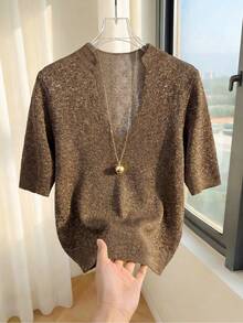 SHEIN New Spring Fall Minimal Sparkle Thread Rib Knit Tee Women Notch Collar V Neck Mid Sleeve Retro Fitted - Brown - View 7