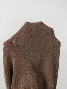 SHEIN New Spring Fall Minimal Sparkle Thread Rib Knit Tee Women Notch Collar V Neck Mid Sleeve Retro Fitted - Brown - View 9