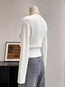 Lalippa Women's Solid Color Contrast Lace V-Neck Long Sleeve Sweater Office White Autumn Elegant - White - View 2