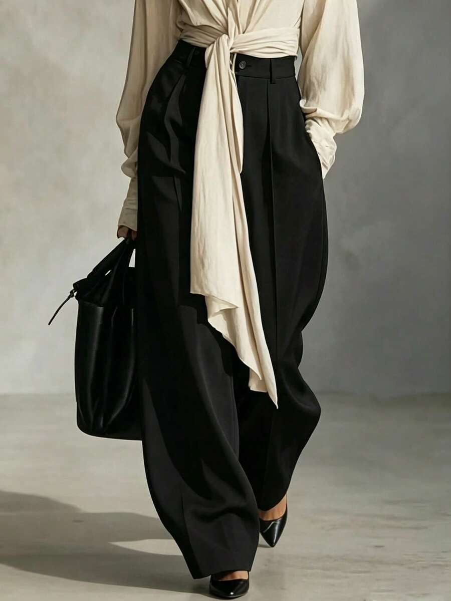 Franclia Pantalones anchos de unicolor, con botones, casuales y versátiles para ir al trabajo - Negro - Ver 1