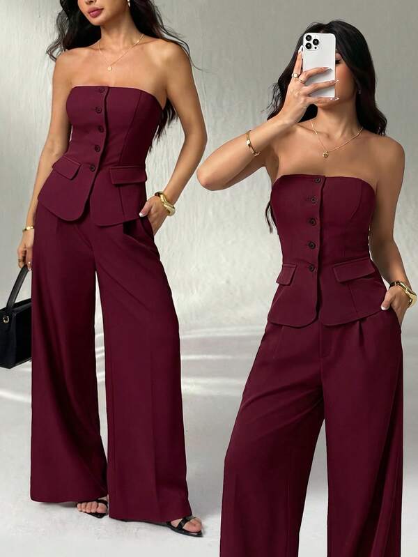 SHEIN PETITE 1 Set Solid Color Fitted Camisole Top And Elegant Pants Suit In Fall/Winter
