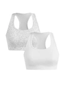SHEIN Cheerettes 女款無縫 2 入組運動內衣，白色網布設計，可拆式胸墊，純色與豹紋款，適合健身瑜伽 - 白色 - 查看 13