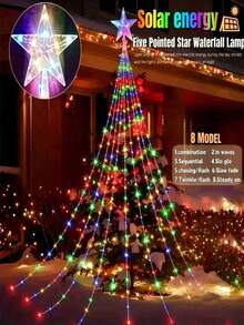 Solar Weihnachtsdekoration Lichter, 200/290 LED Wasserfall Lichterkette mit Stern Baumspitze, 8 Modi IP65 wasserdicht für Innen- und Außenbereich - für Garten, Party, Zuhause, Feiertage (Warmweiß/Mehrfarbig) - Solar Led String Light - Übersicht 2