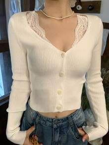DAZY 女款純色修身短版對比蕾絲長袖休閒優雅度假秋季薄針織開襟衫，適合學校、早午餐，白色 - 白色 - 查看 1