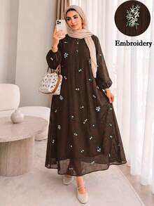 Solavon Plus Size Floral Embroidery Long Dress - Coffee Brown - View 5