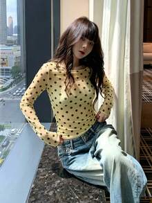 K-Vae 女款波點蕾絲修身百搭日常休閒長袖上衣 - 黃色 - 查看 3