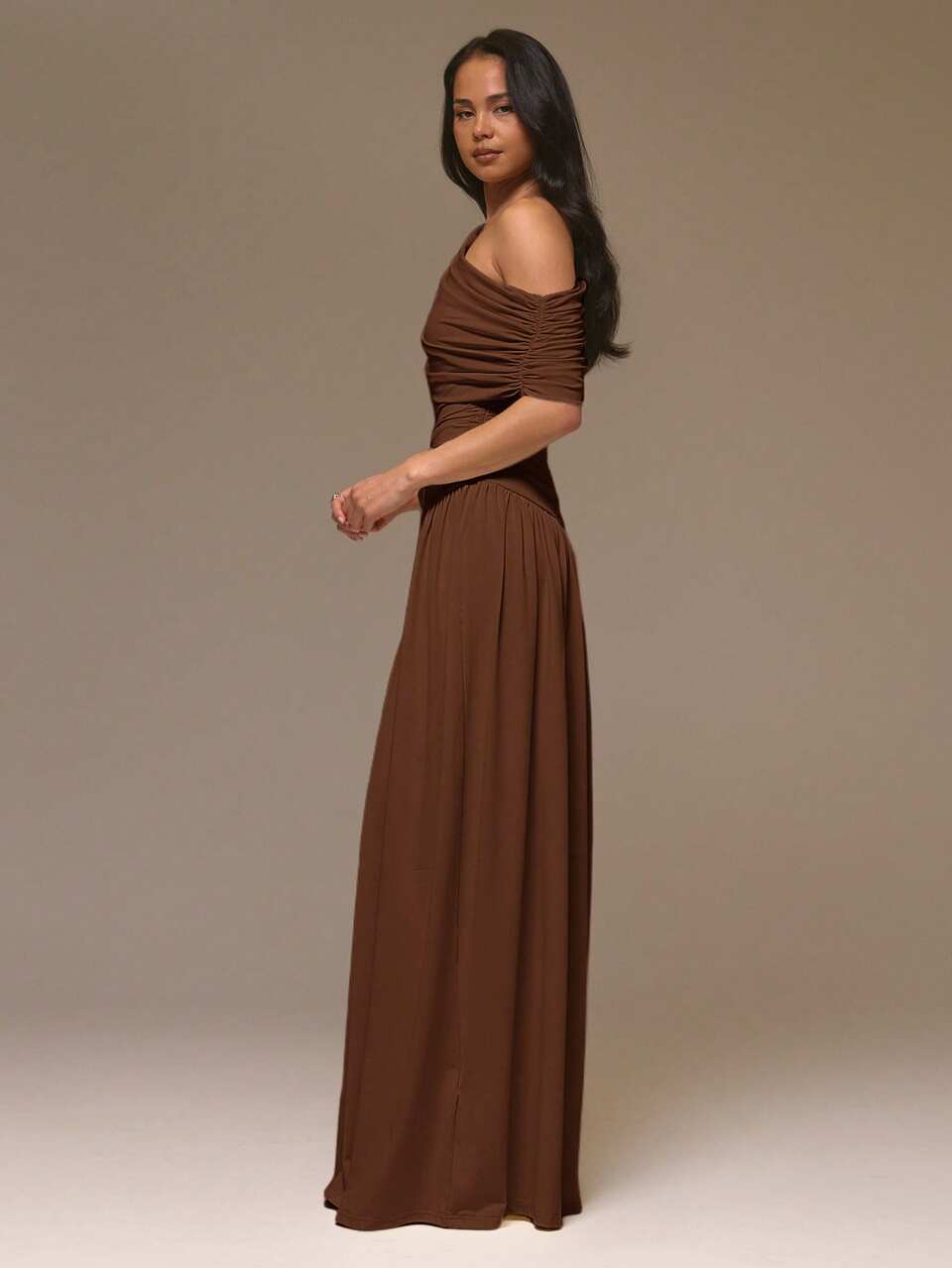 Ruched Asymmetrical Shoulder Drape Cinched Waist Maxi Long Dress Cool Girl Cute Fall Autumn Going Out Party Elegant Spring Summer Vacation Bridal Bach
