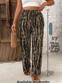 SHEIN PETITE CURVE Plus Size Women's Casual Drawstring Waist Colorblock Wide Leg Pants - Multicolor - View 3