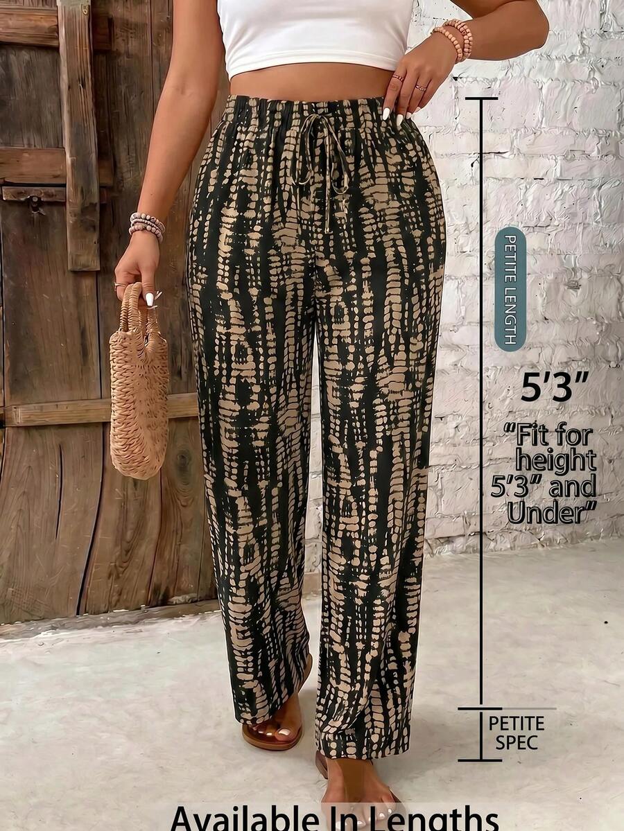 SHEIN PETITE CURVE Plus Size Women's Casual Drawstring Waist Colorblock Wide Leg Pants - Multicolor - View 1