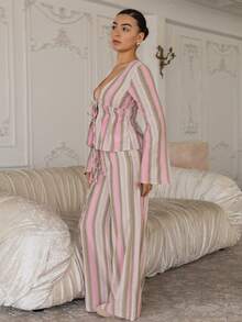 Andrea Bello Women's Pink Stripe Cotton Linen Long Pants,Casual Wide Leg Summer Boho Beach Vacation Holiday Trousers,Elegant Natural Style Resort Wear Fall - Multicolor - View 6