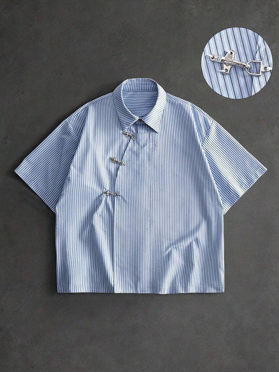 ROMWE MEN Camisa de rayas holgada con botones de estilo de carreras para hombres - Multicolor - Ver 1