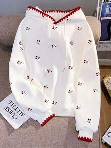 Resyla Women's Cute Cherry Embroidered Hoodie, Red Shell Embroidered Hood Edge Drawstring Long Sleeve Casua - White - View 3