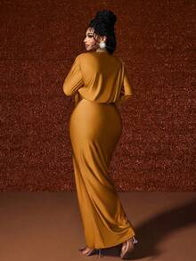 Maweii Plus Size Deep V-Neck Ruched Party Dress Fall - Mustard Yellow - View 2