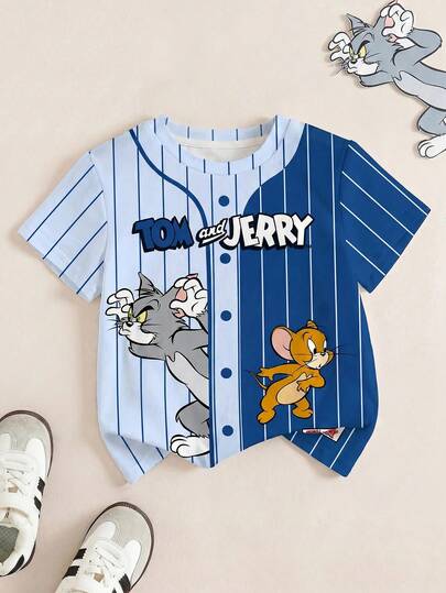 TOM & JERRY X SHEIN 男童条纹卡通图案圆领短袖T恤