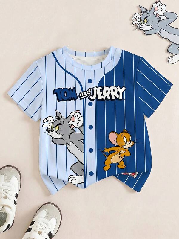 TOM & JERRY X SHEIN 男童条纹卡通图案圆领短袖T恤