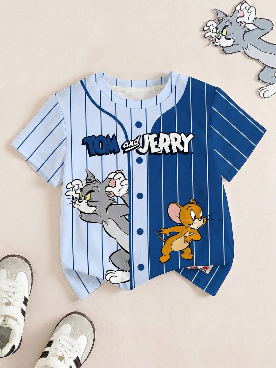 TOM & JERRY X SHEIN 男童条纹卡通图案圆领短袖T恤 - 白色 - 查看 1