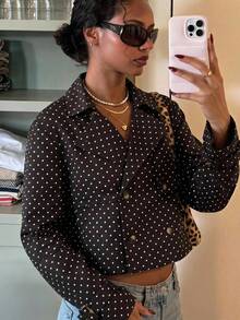 SHEIN EZwear Women's Polka Dot Print Woven Button-Up Long Sleeve Jacket - Coffee Brown - View 11