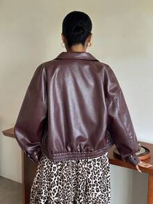 Dazy Plus Loose Casual PU Leather Jacket Long Sleeve Burgundy Autumn/Winter Coat - Burgundy - View 6