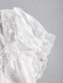 Sweetra Women's Button Lace Trim Bow Top - White - View 6