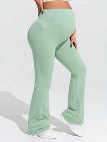 SHEIN 孕婦純色高腰喇叭褲 - 綠色 - 查看 3