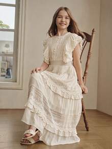 Anewsta Abito da festa di giugno estivo elegante con scollo rotondo, vita arricciata, patchwork e bordo in pizzo, abito da ragazza, abiti da sera e da occasione di lusso, matrimonio, festa - Albicocca - Visualizzare 3