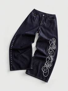 ROMWE MEN Jeans de mezclilla de corte holgado para hombre con patrón de bordado de diamantes brillantes - Azul lavado oscuro - Ver 2