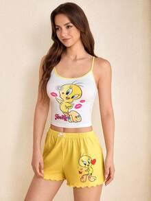 LOONEY TUNES X SHEIN Women's Cartoon Print Camisole Top And Shorts Casual Loungewear Pajama Set - Yellow - View 4