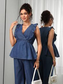 Momance Maternity Fashion Ruffle Denim Set Babyshower Formal Sky Blue Summer Casual Cute Chic Elegant Baby Shower Business Baby Blue - Medium Wash - View 5