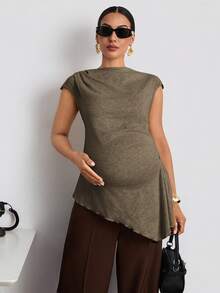 MaterniWear Maternity Solid Color Cap Sleeve Ruched Asymmetrical Hem Casual T-Shirt Summer - Brown - View 5
