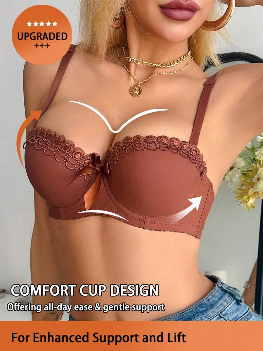 DesireSculpt 女款蕾絲飾邊蝴蝶結裝飾性感日常細肩帶內衣 - 棕色 - 查看 1