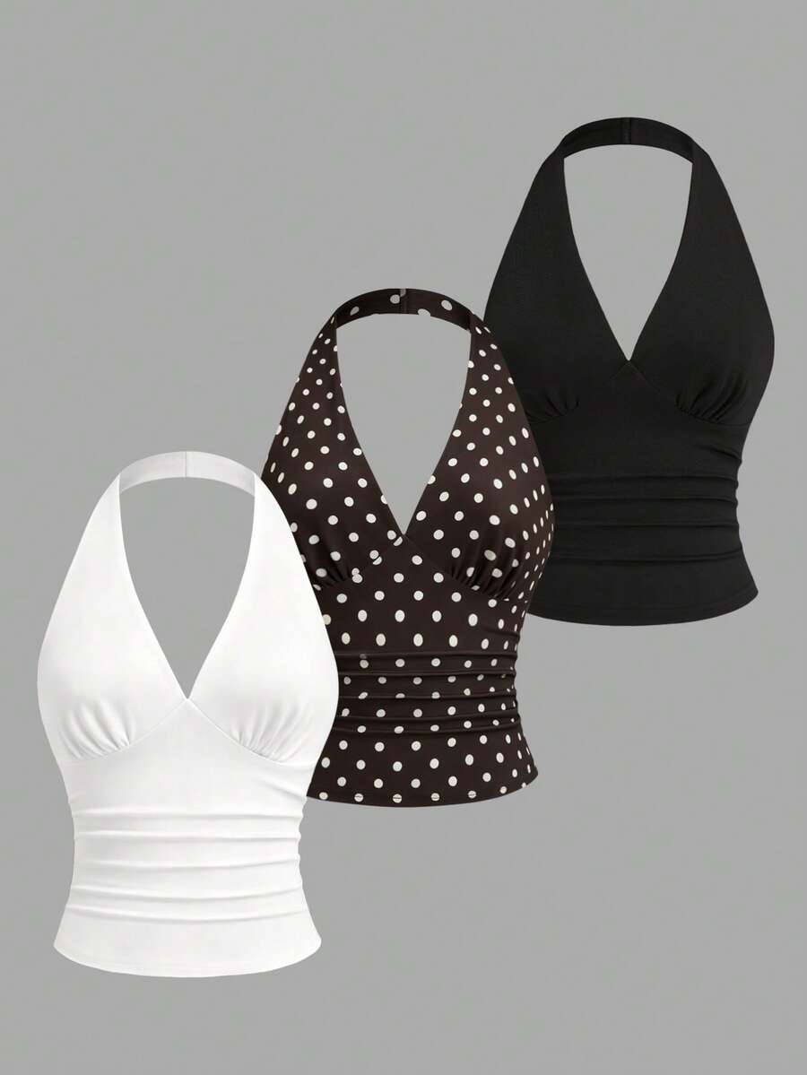 Sweetra Women's Ruched Fitted Halter Neck Top, Versatile For Daily Wear And Outings - Multicolor - View 1