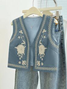 Franclia Women's Floral Embroidered Open Front Lightweight Vest Jacket - Blue - View 4