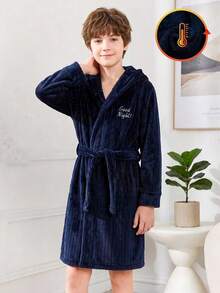 SHEIN 男童皇家藍法蘭絨字母刺繡長袖連帽毛絨睡袍 秋季居家服 - 藏蓝色 - 查看 8
