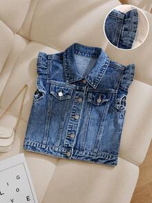 Girls' Denim Jacket Vest, Medium Blue Denim, Ruffle Sleeveless Lapel Single-Breasted With Pockets All-Match Denim Vest, Casual Versatile Vintage Washed Denim Outerwear, Spring/Autumn Layering Vest - Blue - View 3
