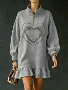 LUMIGAL Women's New Summer Casual Graphic Sweatshirt With Stand Collar, Print And Ruffle Hem, Suitable For Commuting, Vacation And Dating Holiday Grey - Grey - View 3