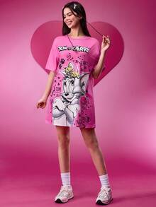TOM & JERRY X SHEIN 女圆领宽松粉色卡通图案潮流酷炫日常休闲可爱短款T恤连衣裙情人节春夏 - 粉色 - 查看 4