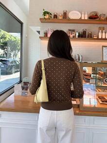 SHEIN Frenchy 女款波點圖案長袖單排扣珍珠鈕扣針織開襟衫 - 棕色 - 查看 2