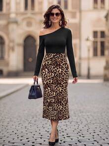 EMERY ROSE Women's Solid Color Asymmetrical Shoulder Long Sleeve T-Shirt And Leopard Print Skirt Fashion Slim Fit 2 Pieces Set Elegant Dress For Women Leopard - Black - View 4