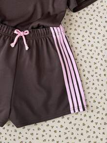 SHEIN 青少年女孩時尚休閒圓領短袖短褲套裝 - 黑色 - 查看 8