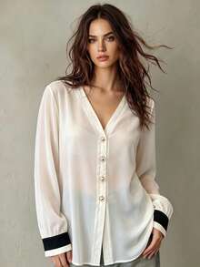 Franclia V-Neck Casual Commuter Minimalist Women Shirt Fall Cloth For Women - Apricot - View 1