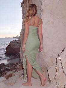 Turnttoni Vestito elegante e romantico estivo verde con volant e spacco, e vestito attillato da donna in pizzo adatto per San Valentino, cena romantica, verde salvia - Verde - Visualizzare 2