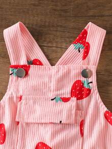 SHEIN Playful Pals Baby Girls Casual Style Corduroy Printed Overalls, Spring/Summer/Autumn/Winter, Pink With Apricot Bow Decor, Loose Straight Leg Fit, Soft Comfortable Fabric, Versatile For Daily Casual Wear - Pink - View 4