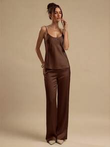 SHEIN BAE Summer Solid Coffee Brown Camisole Top Satin Long Pants Women's Two Pieces Set, Elegant Outfit, Vacation, Wedding Guest Attire Fall - Coffee Brown - View 8