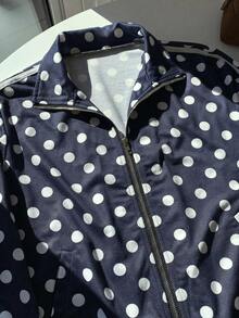 Muchica Black And White Polka Dot Floral Applique Trim Women's Lightweight Jacket Everyday Autumn Streetwear - Navy Blue - View 4