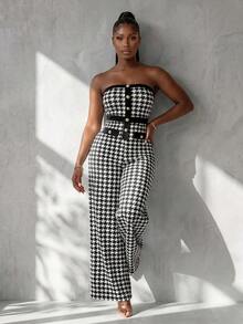 BamGlimmer Women Houndstooth Print Bandeau Jumpsuit - Black and White - View 2